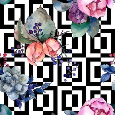 Şakayık ve etli buket çiçek. Suluboya arka plan illüstrasyon küme. Sorunsuz arka plan deseni.