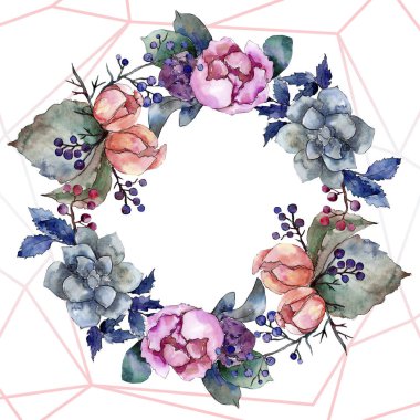 Şakayık ve etli buket çiçek. Suluboya arka plan illüstrasyon küme. Çerçeve kenarlığı süsleme Meydanı.