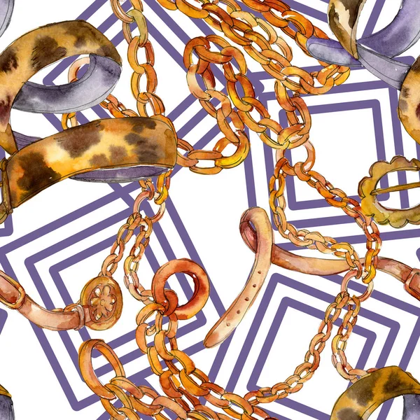 Altın zincir kemer kroki moda glamour çizimde bir suluboya stili arka plan. Sorunsuz arka plan deseni. — Stok fotoğraf