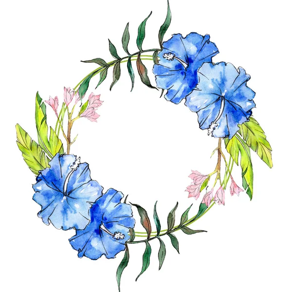 Fiori tropicali hawaiani esotici blu e rosa. Acquerello sfondo illustrazione set. Quadrato ornamento bordo cornice . — Foto Stock