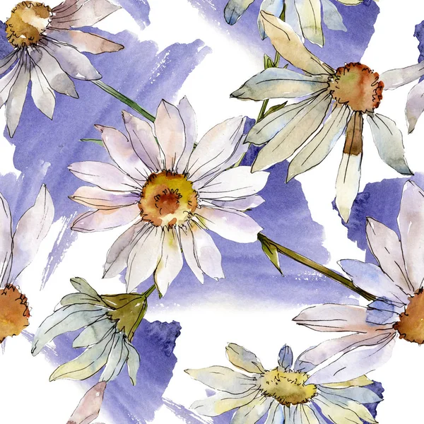 Weißes Gänseblümchen Blumen botanische Blume. Aquarell Hintergrundillustration Set. nahtloses Hintergrundmuster. — Stockfoto