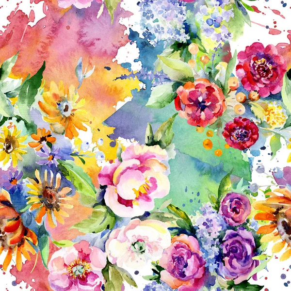 Bouquets floral botanical flower. Watercolor illustration set. Seamless background pattern. — Stock Photo, Image