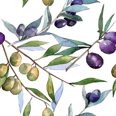 Yeşil ve siyah zeytin. Suluboya arka plan illüstrasyon küme. Sorunsuz arka plan deseni.