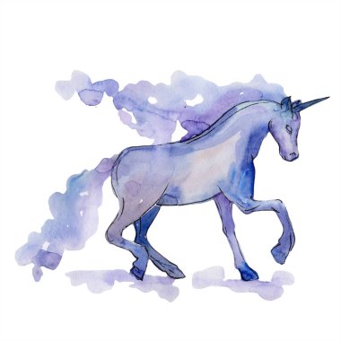 Şirin tek boynuzlu at hayvan boynuz karakter. Suluboya arka plan ayarlamak. İzole tek boynuzlu at illüstrasyon öğesi.