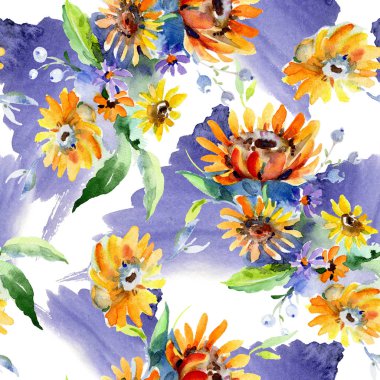 Buketler botanik çiçek. Vahşi bahar yaprak izole kır çiçeği. Suluboya resim kümesi. Suluboya çizim moda aquarelle. Sorunsuz arka plan deseni. Kumaş duvar kağıdı yazdırma doku.