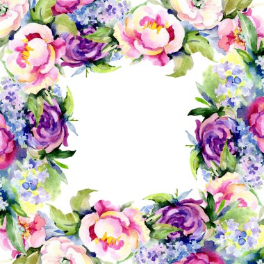 Buketler botanik çiçek. Suluboya arka plan illüstrasyon küme. Çerçeve kenarlığı süsleme Meydanı.