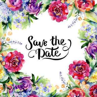 Buketler botanik çiçek. Suluboya arka plan illüstrasyon küme. Çerçeve kenarlığı süsleme Meydanı.