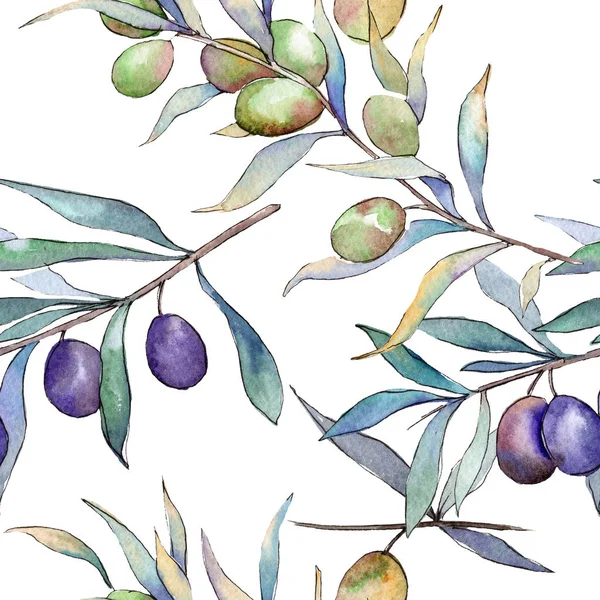 Yeşil ve siyah zeytin. Suluboya arka plan illüstrasyon küme. Sorunsuz arka plan deseni.