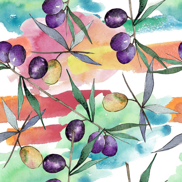 Green and black olives. Watercolor background illustration set. Seamless background pattern.