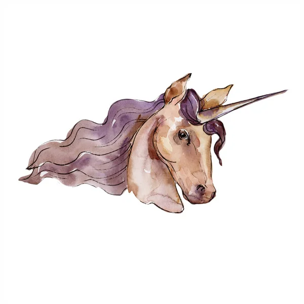 Ładny jednorożec koń zwierzęcych rogów znaków. Zestaw tle akwarela. Element ilustracja na białym tle jednorożca. — Zdjęcie stockowe