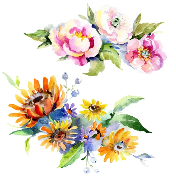花束花植物の花。水彩画背景イラスト セット。孤立した花束の図要素. — ストック写真