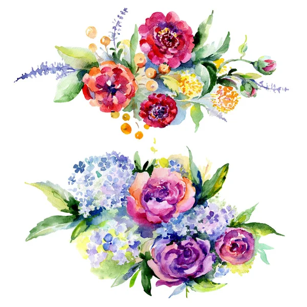 Buketter blomstret botanisk blomst. Akvarel baggrund illustration sæt. Isoleret buket illustration element . - Stock-foto