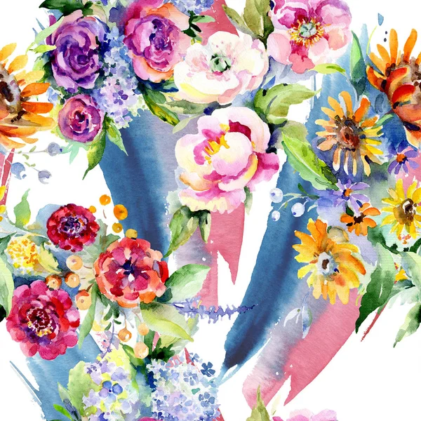 Bouquets floral botanical flower. Watercolor illustration set. Seamless background pattern. — Stock Photo, Image