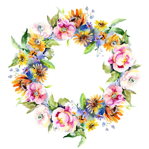 Buketler botanik çiçek. Suluboya arka plan illüstrasyon küme. Çerçeve kenarlığı süsleme Meydanı.