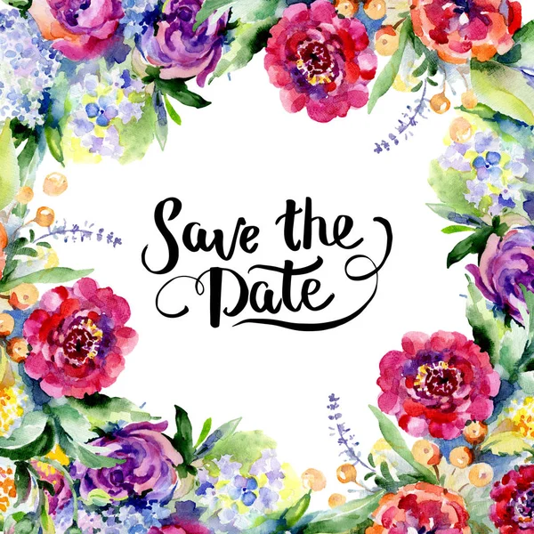 Buketler botanik çiçek. Suluboya arka plan illüstrasyon küme. Çerçeve kenarlığı süsleme Meydanı.