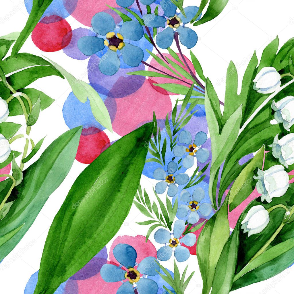 Forget me not and lily of the valley flowers. Watercolor background illustration set. Seamless background pattern.