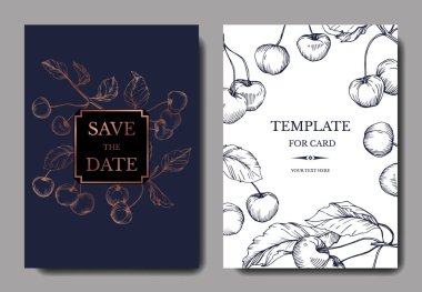 Kiraz meyve vektör. Mavi ve altın işlemeli mürekkep sanat. Düğün arka plan kartı çiçek Dekoratif kenarlık.