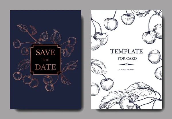 Kiraz meyve vektör. Mavi ve altın işlemeli mürekkep sanat. Düğün arka plan kartı çiçek Dekoratif kenarlık.