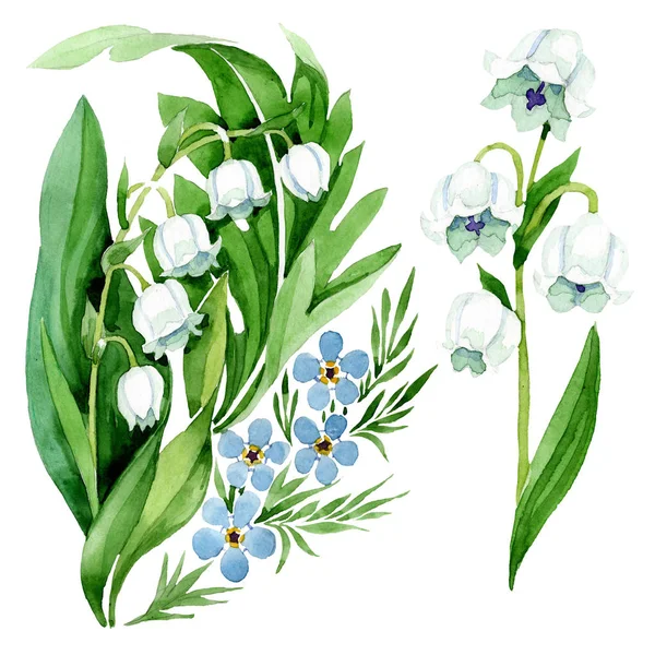 Vergeet me niet en lelietje-van-dalen floral botanische bloemen. Aquarel achtergrond afbeelding instellen. — Stockfoto