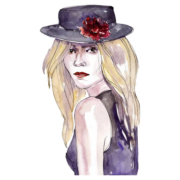Donna in cappello nero schizzo glamour illustrazione in stile acquerello elemento isolato. Set sfondo acquerello . — Foto Stock
