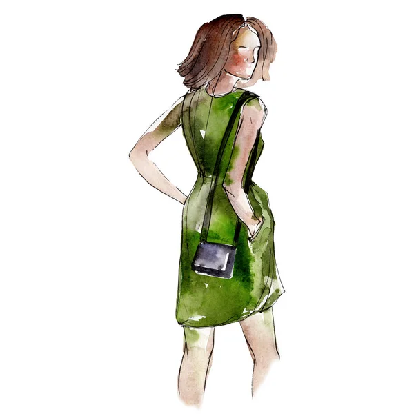 Mujer en vestido verde bosquejo glamour ilustración en un elemento aislado estilo acuarela. Conjunto de fondo acuarela . — Foto de Stock