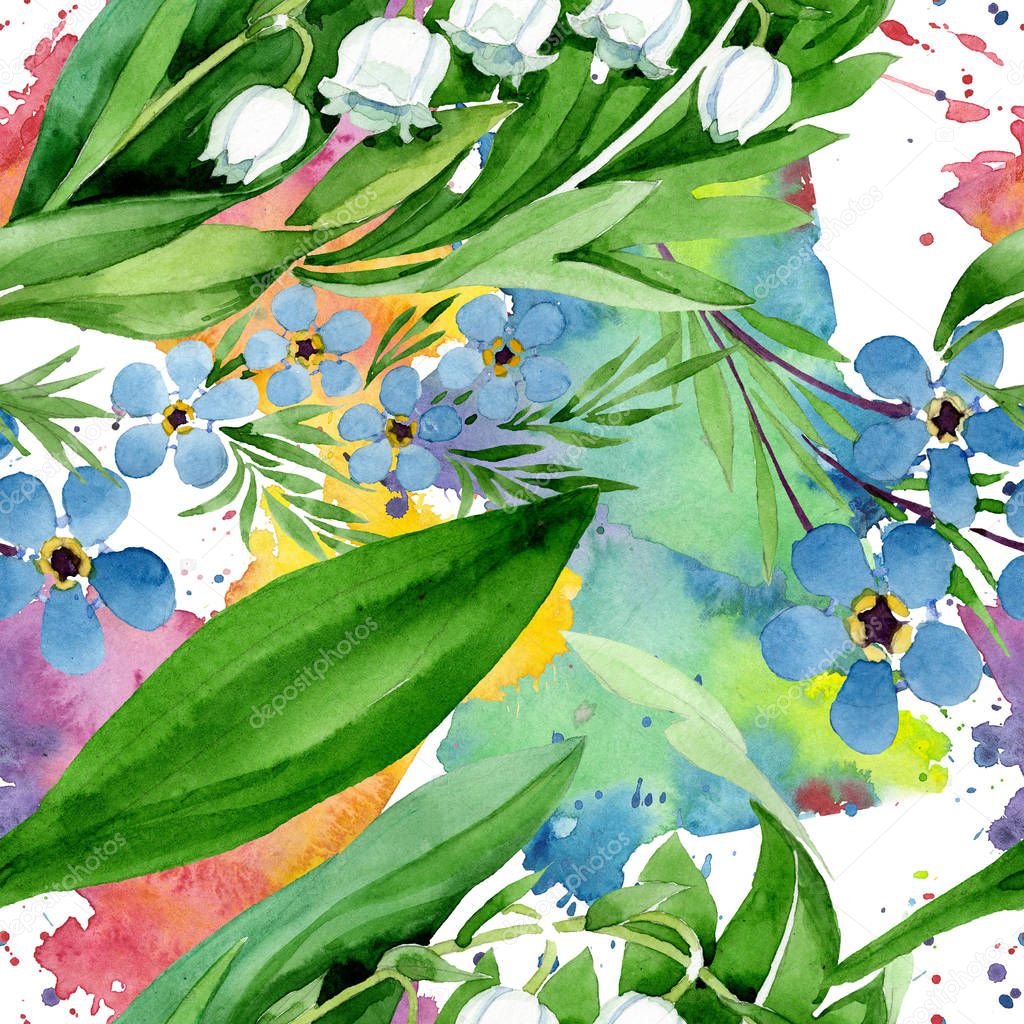 Forget me not and lily of the valley flowers. Watercolor background illustration set. Seamless background pattern.