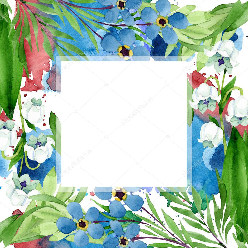 Forget me not and lily of the valley flowers. Watercolor background illustration set. Frame border ornament square.