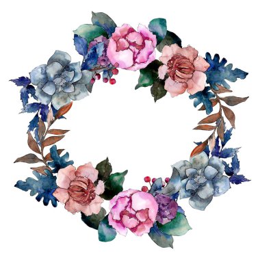 Şakayık ve etli buket çiçek. Suluboya arka plan illüstrasyon küme. Çerçeve kenarlığı süsleme Meydanı.