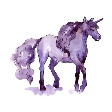 Şirin tek boynuzlu at hayvan boynuz karakter. Suluboya arka plan illüstrasyon küme. İzole tek boynuzlu at illüstrasyon öğesi.