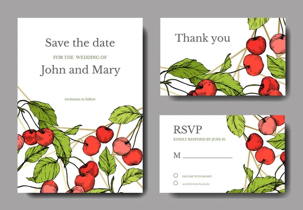 向量樱桃果子 植物植物园花卉树叶 红色和绿色雕刻水墨艺术 婚礼背景卡花卉装饰边框 典雅的卡片例证图表集合横幅 — 图库矢量图片
