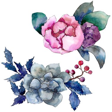 Şakayık ve etli buket botanik çiçek. Vahşi bahar yaprak kır çiçeği. Suluboya arka plan illüstrasyon küme. Suluboya çizim moda aquarelle. İzole buket illüstrasyon öğesi.