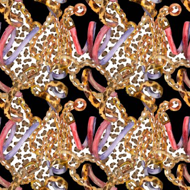 Deri ve altın zincir kemerleri illüstrasyon suluboya tarzında. Giyim aksesuarları kıyafet ayarlayın. Suluboya çizim moda aquarelle. Sorunsuz arka plan deseni. Kumaş duvar kağıdı yazdırma doku.