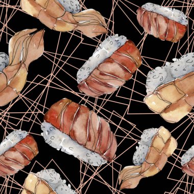 Güzel lezzetli Japon Suşi illüstrasyon suluboya suşi kümesi. Beyaz arka plan üzerinde izole elle çizilmiş nesneler. Aquarelle sorunsuz arka plan deseni. Kumaş duvar kağıdı yazdırma doku.