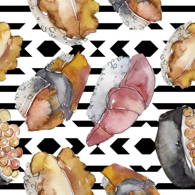 Güzel lezzetli Japon Suşi illüstrasyon suluboya suşi kümesi. Beyaz arka plan üzerinde izole elle çizilmiş nesneler. Aquarelle sorunsuz arka plan deseni. Kumaş duvar kağıdı yazdırma doku.