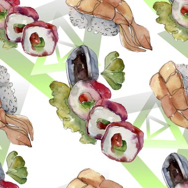 Güzel lezzetli Japon Suşi illüstrasyon suluboya suşi kümesi. Beyaz arka plan üzerinde izole elle çizilmiş nesneler. Aquarelle sorunsuz arka plan deseni. Kumaş duvar kağıdı yazdırma doku.