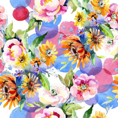 Buketler botanik çiçek. Vahşi bahar yaprak izole kır çiçeği. Suluboya resim kümesi. Suluboya çizim moda aquarelle. Sorunsuz arka plan deseni. Kumaş duvar kağıdı yazdırma doku.