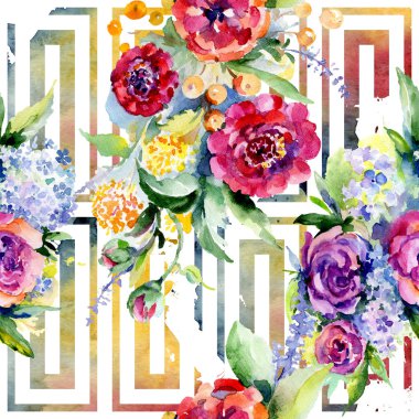 Buketler botanik çiçek. Vahşi bahar yaprak izole kır çiçeği. Suluboya resim kümesi. Suluboya çizim moda aquarelle. Sorunsuz arka plan deseni. Kumaş duvar kağıdı yazdırma doku.