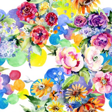 Buketler botanik çiçek. Vahşi bahar yaprak izole kır çiçeği. Suluboya resim kümesi. Suluboya çizim moda aquarelle. Sorunsuz arka plan deseni. Kumaş duvar kağıdı yazdırma doku.