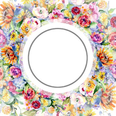Buketler botanik çiçek. Vahşi bahar yaprak izole kır çiçeği. Suluboya arka plan illüstrasyon küme. Suluboya çizim moda aquarelle izole. Çerçeve kenarlığı süsleme Meydanı.