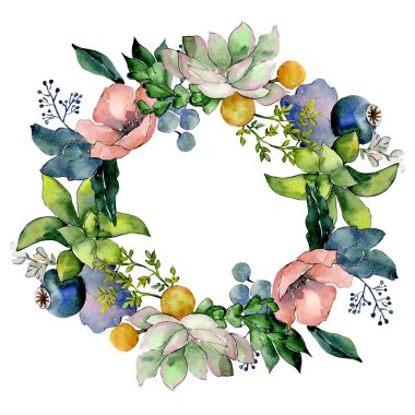Etli çiçek botanik çiçek buketleri. Vahşi bahar yaprak kır çiçeği. Suluboya arka plan illüstrasyon küme. Suluboya çizim moda aquarelle izole. Çerçeve kenarlığı süsleme Meydanı.