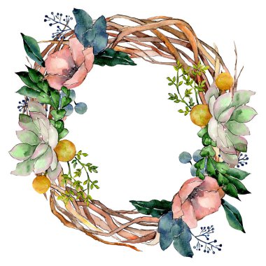 Etli çiçek botanik çiçek buketleri. Vahşi bahar yaprak kır çiçeği. Suluboya arka plan illüstrasyon küme. Suluboya çizim moda aquarelle izole. Çerçeve kenarlığı süsleme Meydanı.