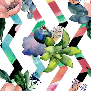 Buketleri ile etli çiçek çiçekler. Vahşi bahar yaprak izole. Suluboya resim kümesi. Suluboya çizim moda aquarelle. Sorunsuz arka plan deseni. Kumaş duvar kağıdı yazdırma doku.