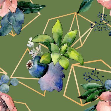 Buketleri ile etli çiçek çiçekler. Vahşi bahar yaprak izole. Suluboya resim kümesi. Suluboya çizim moda aquarelle. Sorunsuz arka plan deseni. Kumaş duvar kağıdı yazdırma doku.