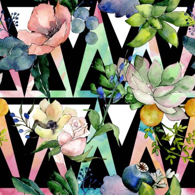 Buketleri ile etli çiçek çiçekler. Vahşi bahar yaprak izole. Suluboya resim kümesi. Suluboya çizim moda aquarelle. Sorunsuz arka plan deseni. Kumaş duvar kağıdı yazdırma doku.