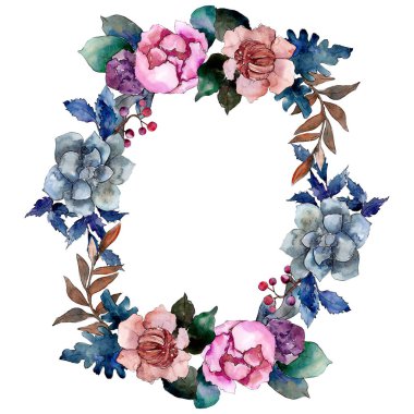 Şakayık ve etli buket botanik çiçek. Vahşi bahar yaprak. Suluboya arka plan illüstrasyon küme. Suluboya çizim moda aquarelle izole. Çerçeve kenarlığı süsleme Meydanı.