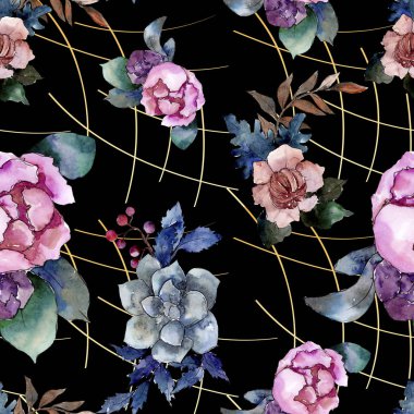 Şakayık ve etli buket çiçek. Vahşi bahar yaprak izole. Suluboya resim kümesi. Suluboya çizim moda aquarelle. Sorunsuz arka plan deseni. Kumaş duvar kağıdı yazdırma doku.