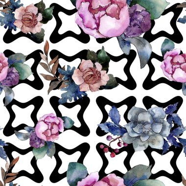 Şakayık ve etli buket çiçek. Vahşi bahar yaprak izole. Suluboya resim kümesi. Suluboya çizim moda aquarelle. Sorunsuz arka plan deseni. Kumaş duvar kağıdı yazdırma doku.