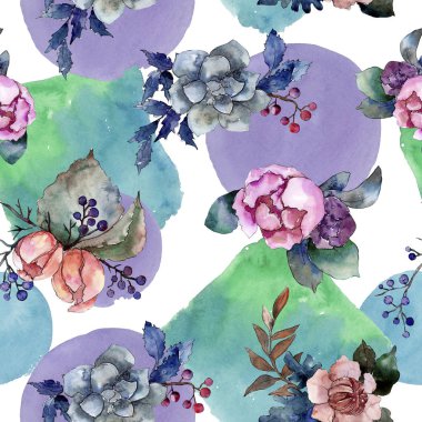Şakayık ve etli buket çiçek. Vahşi bahar yaprak izole. Suluboya resim kümesi. Suluboya çizim moda aquarelle. Sorunsuz arka plan deseni. Kumaş duvar kağıdı yazdırma doku.