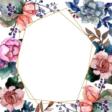 Şakayık ve etli buket botanik çiçek. Vahşi bahar yaprak. Suluboya arka plan illüstrasyon küme. Suluboya çizim moda aquarelle izole. Çerçeve kenarlığı süsleme Meydanı.