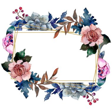 Şakayık ve etli buket botanik çiçek. Vahşi bahar yaprak. Suluboya arka plan illüstrasyon küme. Suluboya çizim moda aquarelle izole. Çerçeve kenarlığı süsleme Meydanı.